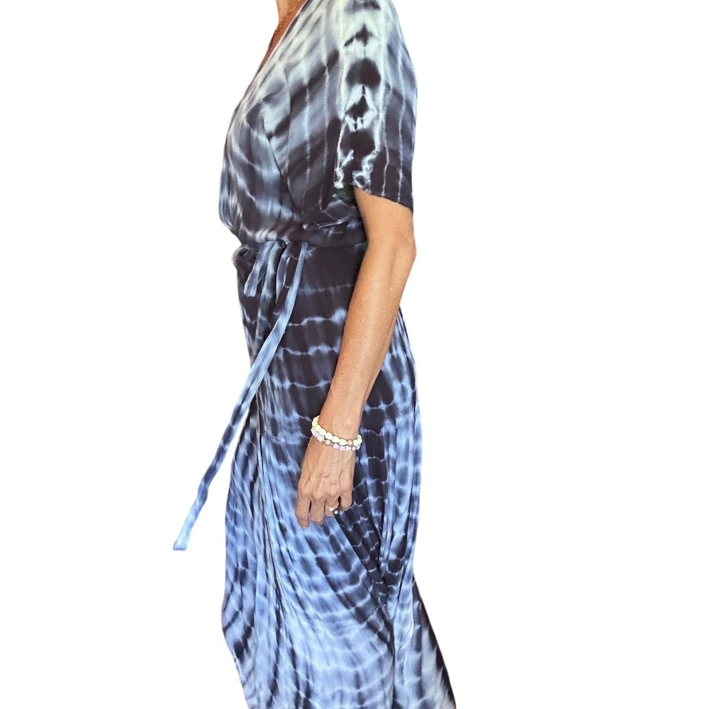 Knox Rose Rayon Blue White Tie Dye V-Neck Maxi Dress Short Sleeve Boho Belted - Picture 5 of 13